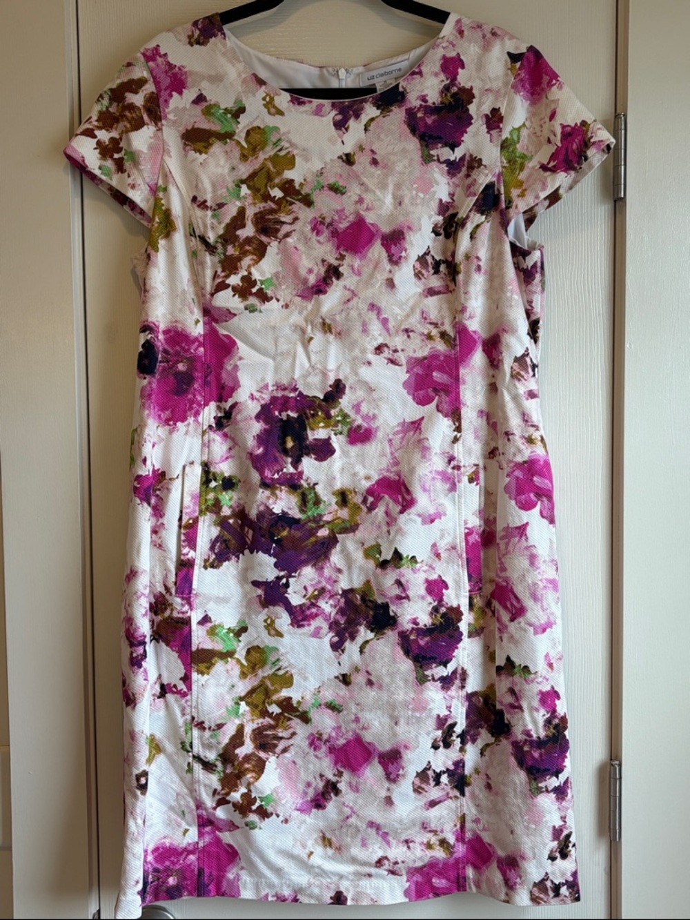 Liz Claiborne | White Floral Midi Knee-Length Dress Lined Size 16 w/ Pockets